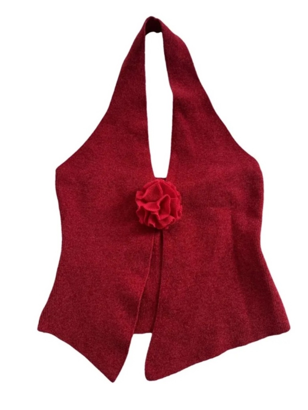 With Jean Red Ribbed Knit halter top with rose accent